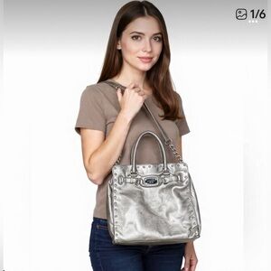 MICHAEL KORS HAMILTON GUNMETAL ROCK & ROLL SILVER STUD TOTE SHOULDER BAG🌺